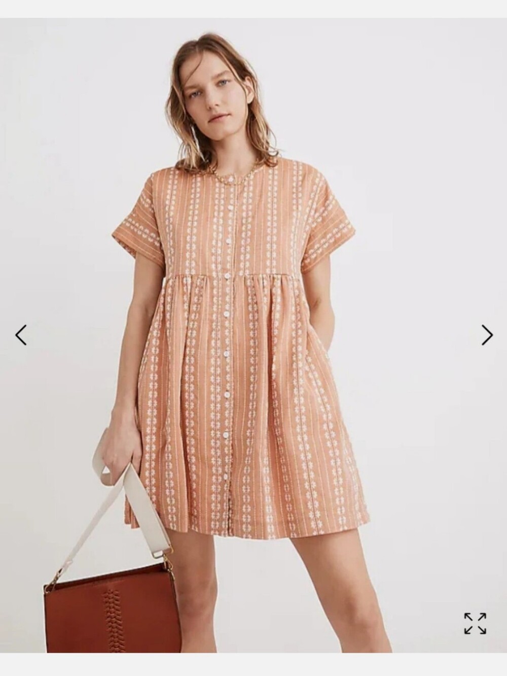 Madewell Embroidered Button-Front Mini Babydoll Dress Salmon White Floral